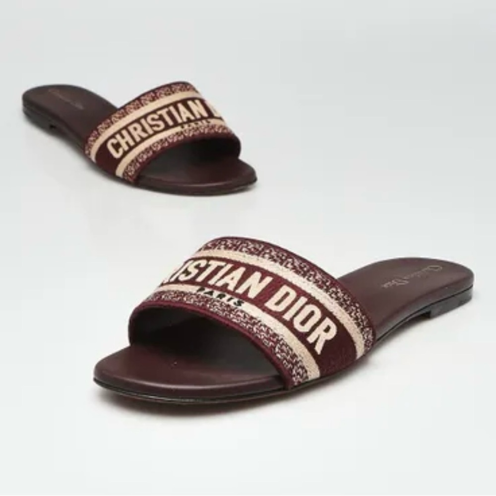 CHRISTIAN DIOR - Burgundy Cotton Embroidered Dway Slides Sandals